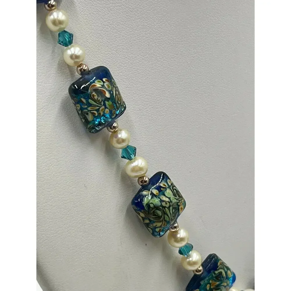 Murano Glass Necklace Sterling Silver Clasp Freshwater Pearls Blue Gold Van Gogh